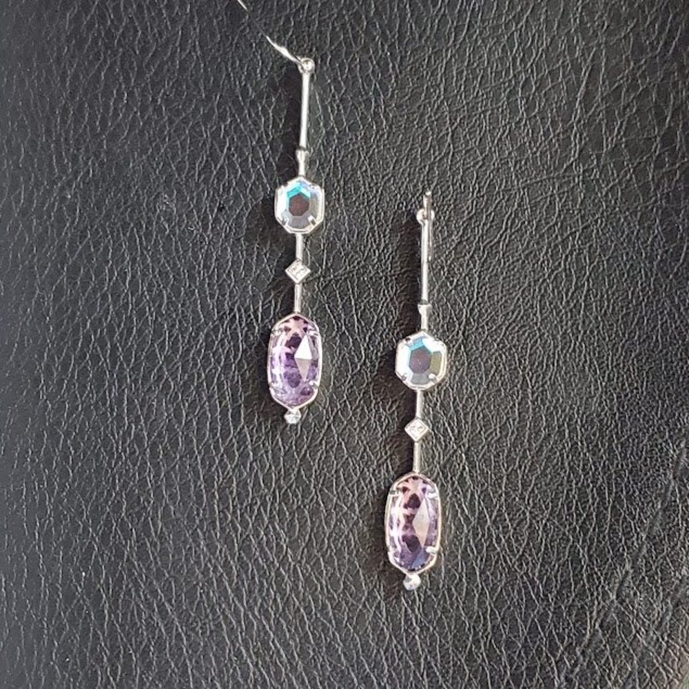 Kendra Scott Silver Tone Purple Amethyst Iridescent Crystal Drop Dangle Earrings - Picture 2 of 7
